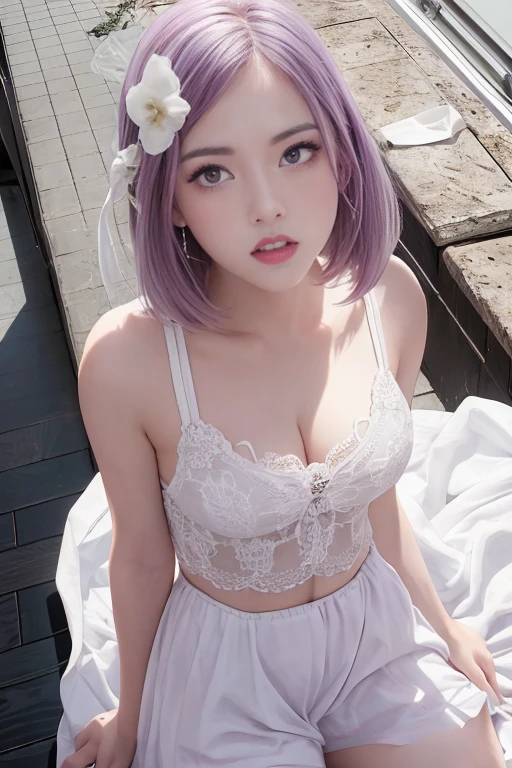 1 girl ,(from above:1.2),purple color hair、Purplish pink eyes that dreamers desire, (Blonde hair) , small stature, Colossal tits, Lori, (masutepiece:1.2, Best Quality), (finely detailed beautiful eye: 1.2), (beautifull detailed face), (Best Illumination, extremely delicate and beautiful), ((Cinematic Light)), Dramatic light, (Pale white background:1.5), Short bob hair(1:3)、Ultra Contrast、Braid a little around the ears, White long dress、only has 5 fingers、、Her pussy is visible through the white thong、Wet pants、You can see inside your underwear、full of sweat、mocking look、diaper、nffsw,Arms crossed、grab the arm、Shoot from above、The angle is as seen from below.、Best Quality、Large breastuscular pussy、Pubic hair,high-level image quality、hightquality、8K,perfect hand、5 fingers、finger pin、Perfect Finger、T back、Naked、noise cut、bullet hand、Her hair color should have been a brighter purple.The skirt part is also carefully expressed..、Purple skirt、the skirt is floating in the wind、Dark purple panties、Pubic hair majority,A scene of make cooking Carbonara Pasta in the kitchen,(with sparkling eyes and a contagious smile),open mouth, Looking at Viewer,