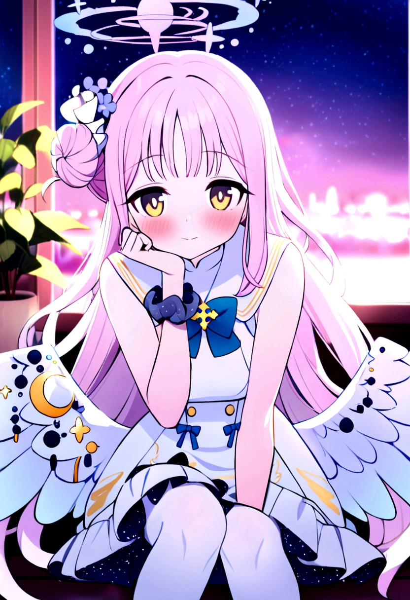 1girl, mika \(blue archive\), solo, scrunchie, wings, pink hair, wrist scrunchie, looking at viewer, flower, dress, hair ornament, long hair, head rest, yellow eyes, white dress, night, sleeveless, white pantyhose, hair bun, sleeveless dress, single side bun, hair flower, sitting, window, white wings, halo, blush, bangs, crescent, low wings, frilled dress, potted plant, indoors, angel wings, star \(sky\), sky, frills, night sky, pantyhose, blurry background, very aesthetic, absurdres