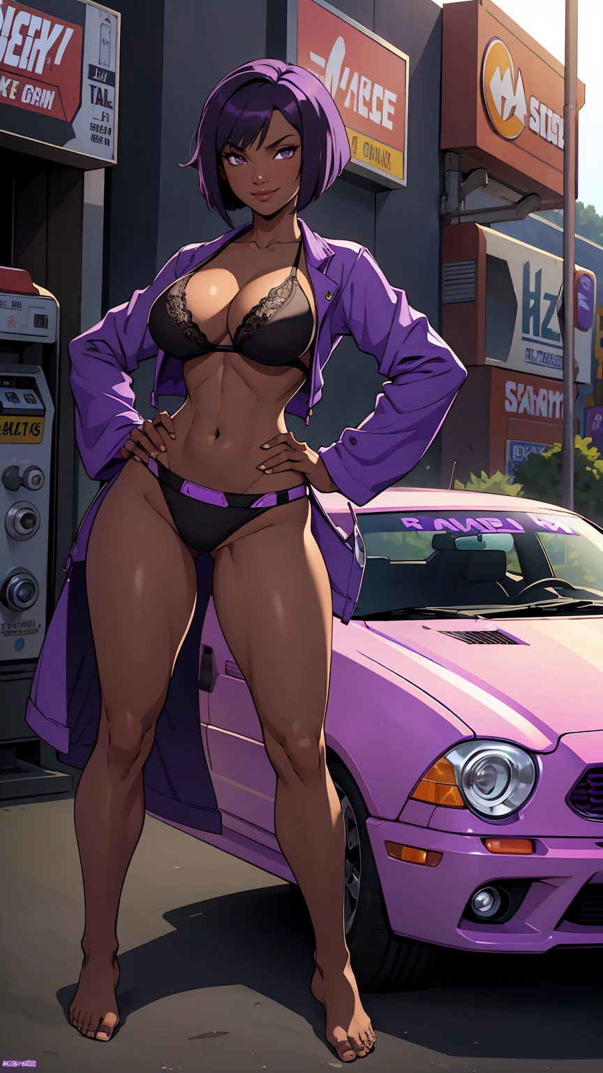 Masterpiece, best quality, Masterpiece, best quality, 1 woman , red eyes , long purple ponytail , sly face , smile , purple bikini , abdomen, big breasts , Long legs , Barefoot , hands on hips , abandoned factory , at night
