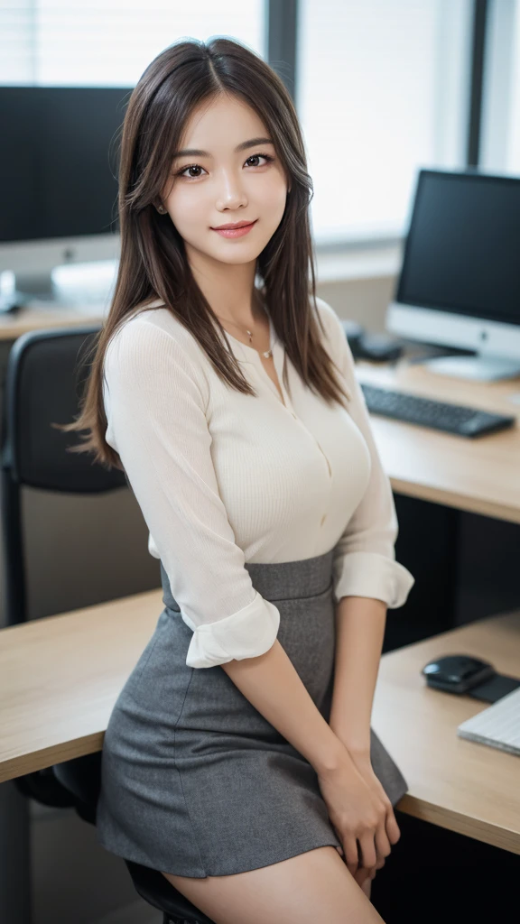 (1girl), (round eyes:1.2), (highly detailed face and eyes), smile, Amazing face and eyes, (Best Quality:1.4), (Ultra-detailed), (extremely detailed CG unified 8k wallpaper), Highly detailed, High-definition raw color photos, Professional Photography, Realistic portrait, Amazing face and eyes, indoors, office, (office lady, casual, mini Skirt:1.3), (A moment of relaxation), model, depth of fields, (fine face:1.2),