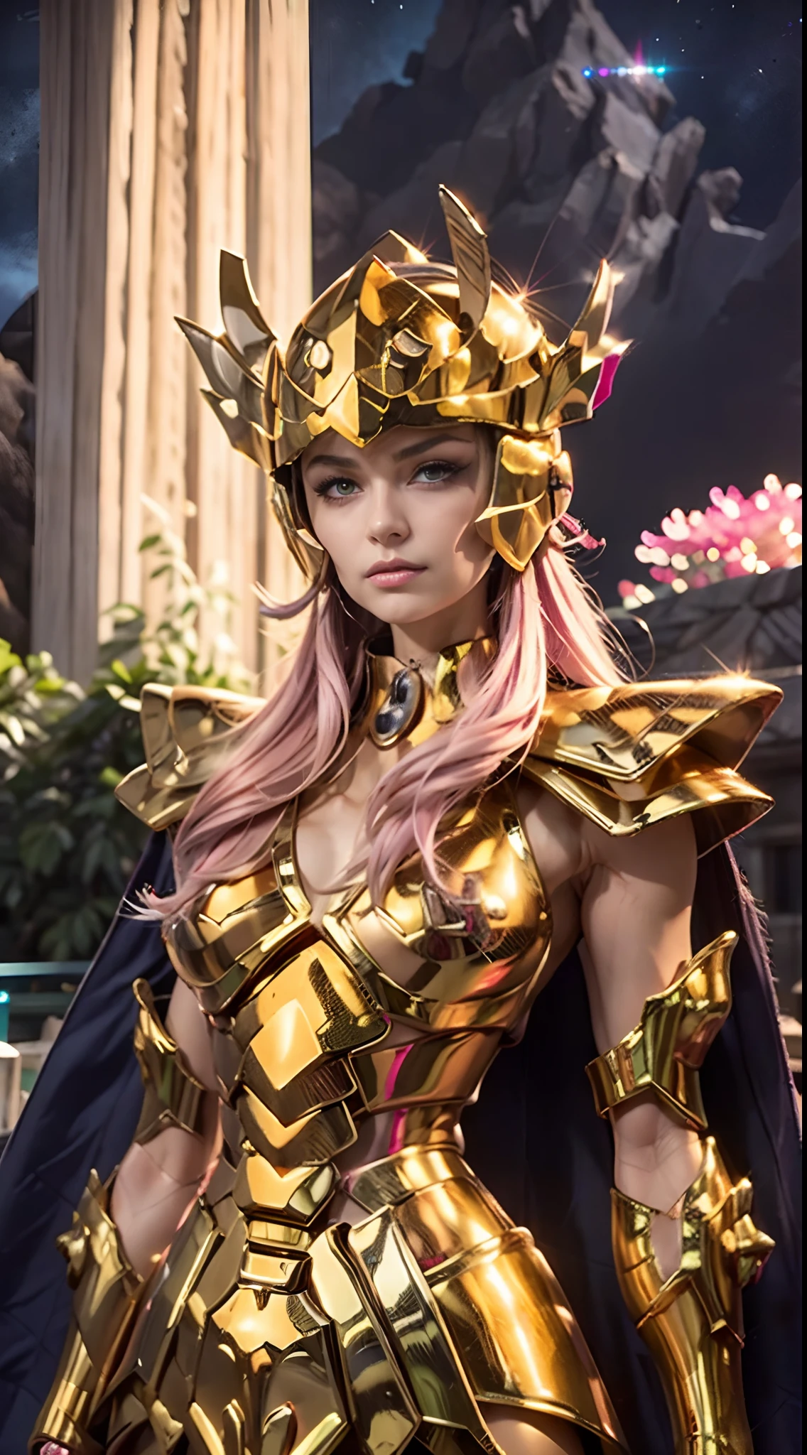 masterpiece, best quality, ultra high res, realistic skin texture, armature, photorealistic, high resolution, raw photo, shiny skin, realistic skin texture, best lighting, sparkle, dramatic lighting, dynamic pose, Greek temple background, night sky, cosmos, milky way, 1girl, balanced eyes, Andromeda Shun, pink armor, roman skirt plate, breast plate, cleavage, red hair, pink helmet, blue eyes, looking at viewer, large breast, slight smile, chains