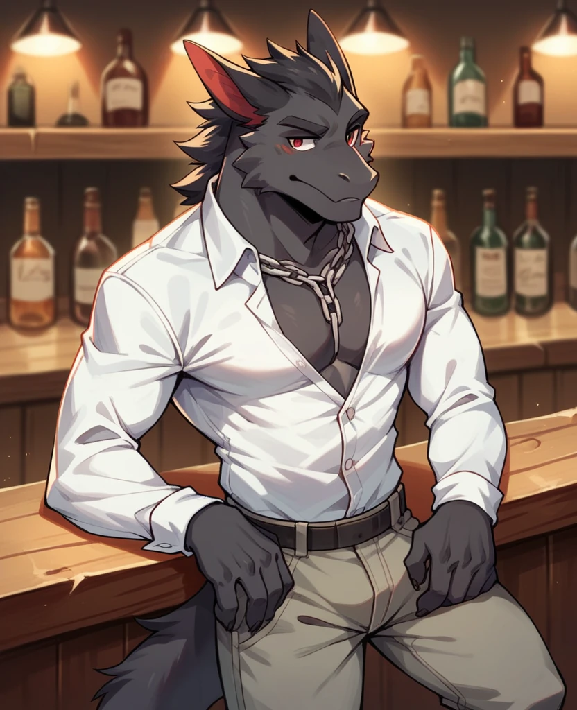 A furred male anthro dragon bartender, with black fur and red eyes wearing a white button down long sleeve and grey cargo pants and a chain around his neck, busy at his bar