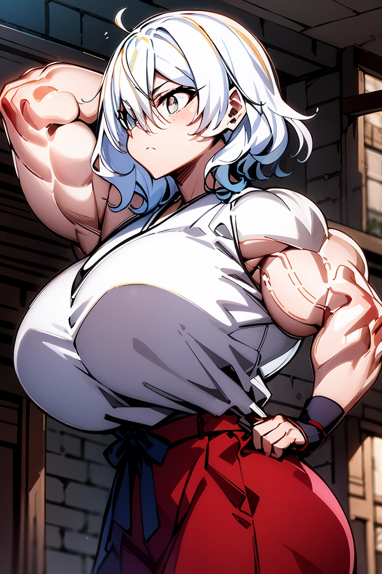 deep skin,textured skin, Altria Grem,
BREAK (white kimono,red hakama,wide sleeves:1,2)
BREAK (from below:1.2),armpits,arm up,
BREAK (masterpiece:1.2), best quality, high resolution, unity 8k wallpaper, (illustration:0.8), (beautiful detailed eyes:1.6), extremely detailed face, perfect lighting, extremely detailed CG, (perfect hands, perfect anatomy),anime character with huge breasts and big muscles posing for a picture, oppai, oppai proportions, thicc, powerful and huge, biomechanical oppai, big arms, big muscle, heavy detailedig biceps, massive muscles
