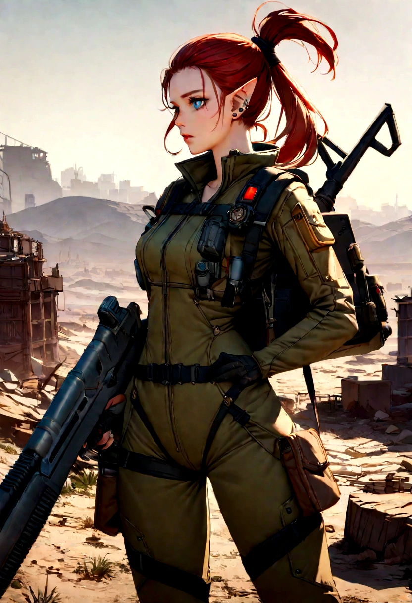 Create a digital art piece featuring Sweetie Fox in the Fallout universe. She stands at 5'5" with a slender yet strong build, sporting her iconic red hair tied back in a practical ponytail. Her piercing blue eyes exhibit a mixture of determination and vulnerability. Dressed in a modified Vault-Tec jumpsuit, she blends practicality with her unique flair, adding elements of her well-know fox cosplay – think pointed ears and subtle fox-like markings. She is armed with a laser rifle slung over her shoulder, and her belt is adorned with pouches and gadgets, ready to face the post-apocalyptic wasteland. The backdrop is a desolate landscape, with remnants of a ruined city behind her, capturing the eerie, yet intriguing essence of Fallout.