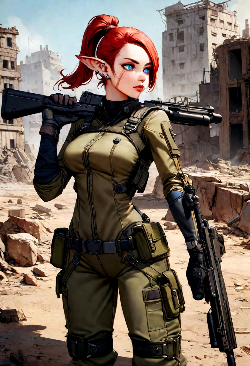 Create a digital art piece featuring Sweetie Fox in the Fallout universe. She stands at 5'5" with a slender yet strong build, sporting her iconic red hair tied back in a practical ponytail. Her piercing blue eyes exhibit a mixture of determination and vulnerability. Dressed in a modified Vault-Tec jumpsuit, she blends practicality with her unique flair, adding elements of her well-know fox cosplay – think pointed ears and subtle fox-like markings. She is armed with a laser rifle slung over her shoulder, and her belt is adorned with pouches and gadgets, ready to face the post-apocalyptic wasteland. The backdrop is a desolate landscape, with remnants of a ruined city behind her, capturing the eerie, yet intriguing essence of Fallout.