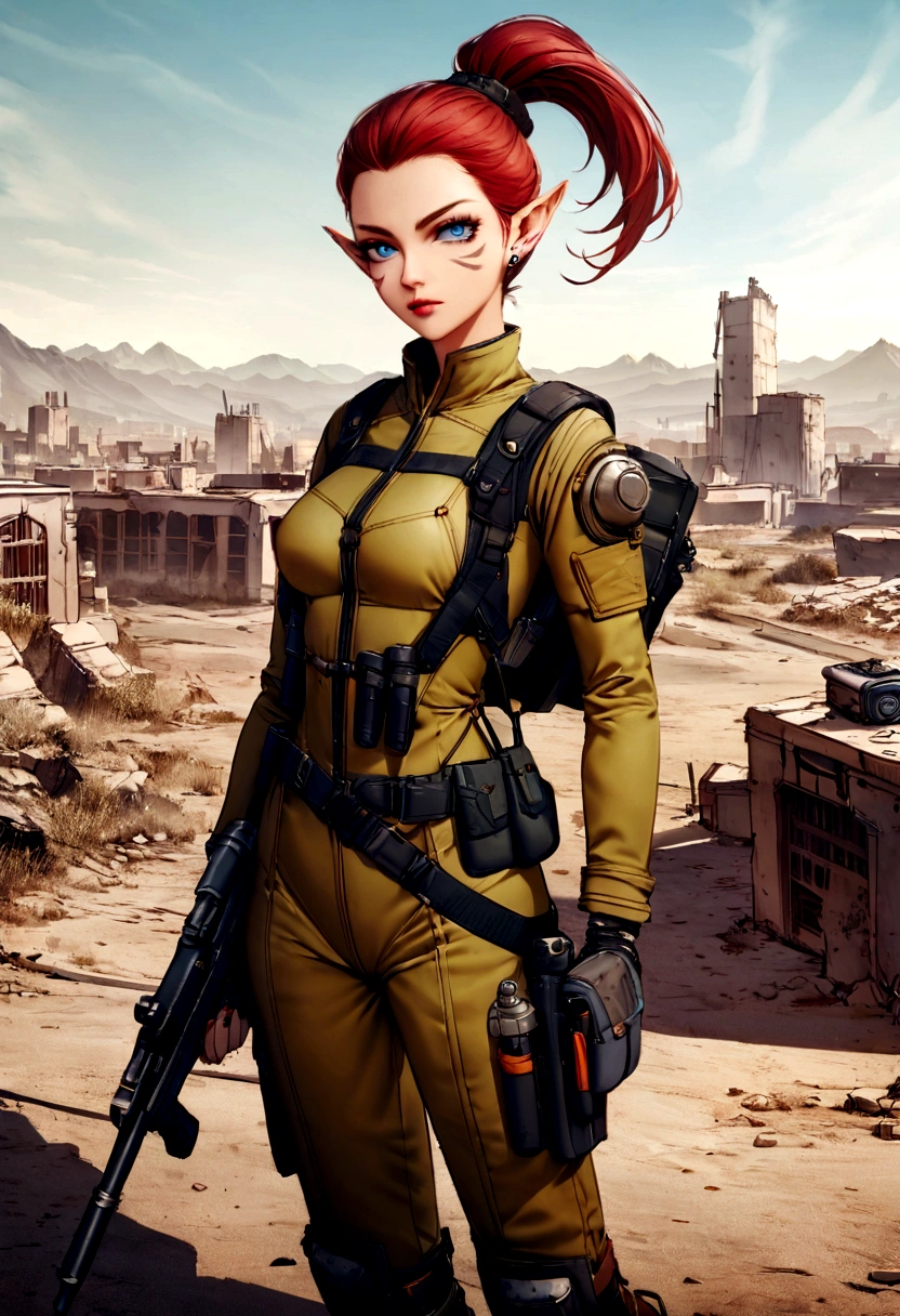 Create a digital art piece featuring Sweetie Fox in the Fallout universe. She stands at 5'5" with a slender yet strong build, sporting her iconic red hair tied back in a practical ponytail. Her piercing blue eyes exhibit a mixture of determination and vulnerability. Dressed in a modified Vault-Tec jumpsuit, she blends practicality with her unique flair, adding elements of her well-know fox cosplay – think pointed ears and subtle fox-like markings. She is armed with a laser rifle slung over her shoulder, and her belt is adorned with pouches and gadgets, ready to face the post-apocalyptic wasteland. The backdrop is a desolate landscape, with remnants of a ruined city behind her, capturing the eerie, yet intriguing essence of Fallout.