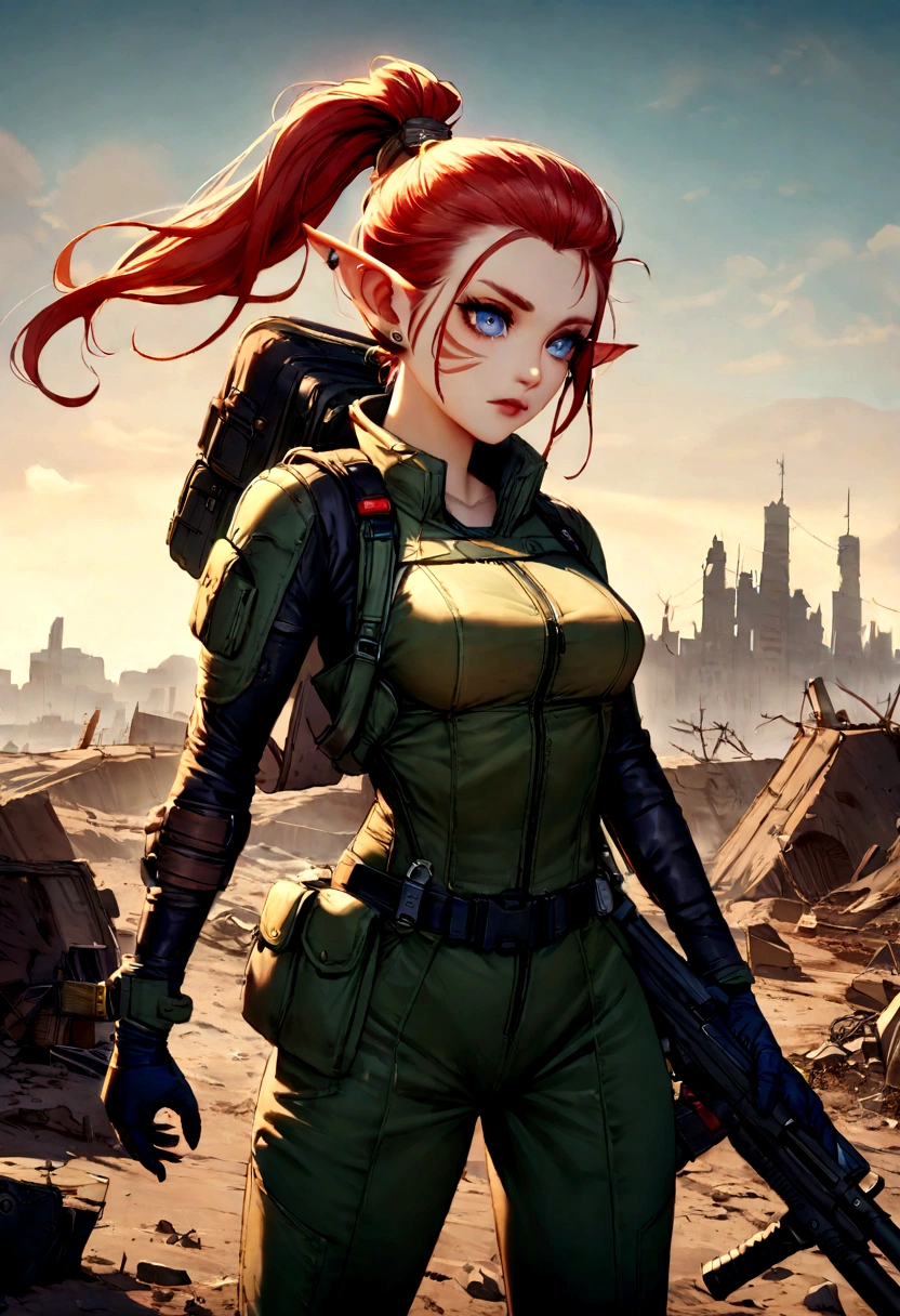 Create a digital art piece featuring Sweetie Fox in the Fallout universe. She stands at 5'5" with a slender yet strong build, sporting her iconic red hair tied back in a practical ponytail. Her piercing blue eyes exhibit a mixture of determination and vulnerability. Dressed in a modified Vault-Tec jumpsuit, she blends practicality with her unique flair, adding elements of her well-know fox cosplay – think pointed ears and subtle fox-like markings. She is armed with a laser rifle slung over her shoulder, and her belt is adorned with pouches and gadgets, ready to face the post-apocalyptic wasteland. The backdrop is a desolate landscape, with remnants of a ruined city behind her, capturing the eerie, yet intriguing essence of Fallout.

