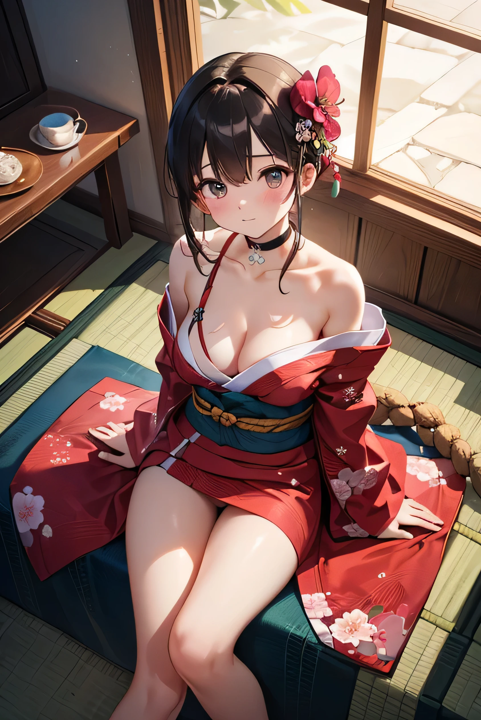 (Photorealistic:1.8, Highest quality:1.8,8K masterpiece:1.8,High resolution,Mastepiece:1.8,RAW Photos,Cinematic lighting)、A masochistic woman tied up with rope、Prone、Top view angle、
(Japanese Kimono、A super mini kimono with a beautiful and cute orchid-style floral pattern:1.5、choker)、Breast Rope、Thigh rope、(Shoulders bare:1.3)、Bare thighs、Beautiful fair skin、Black Pink Jenny's pause、Random Pause