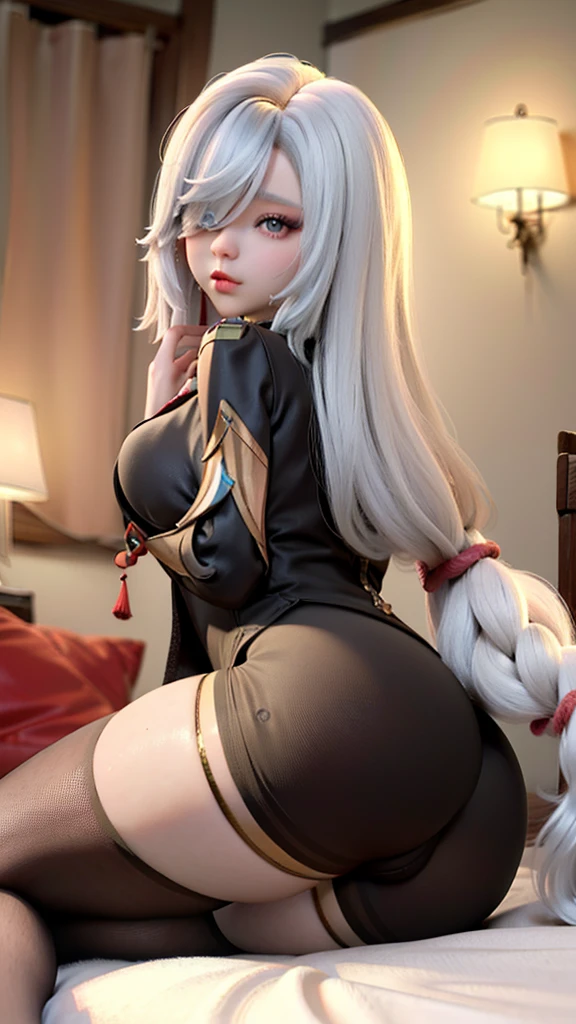 1girl, from behind, huge ass, thick thighs, pussy, looking at viewer, looking back, (black pantyhose), white hair, on all fours, (hourglass figure), (from behind)