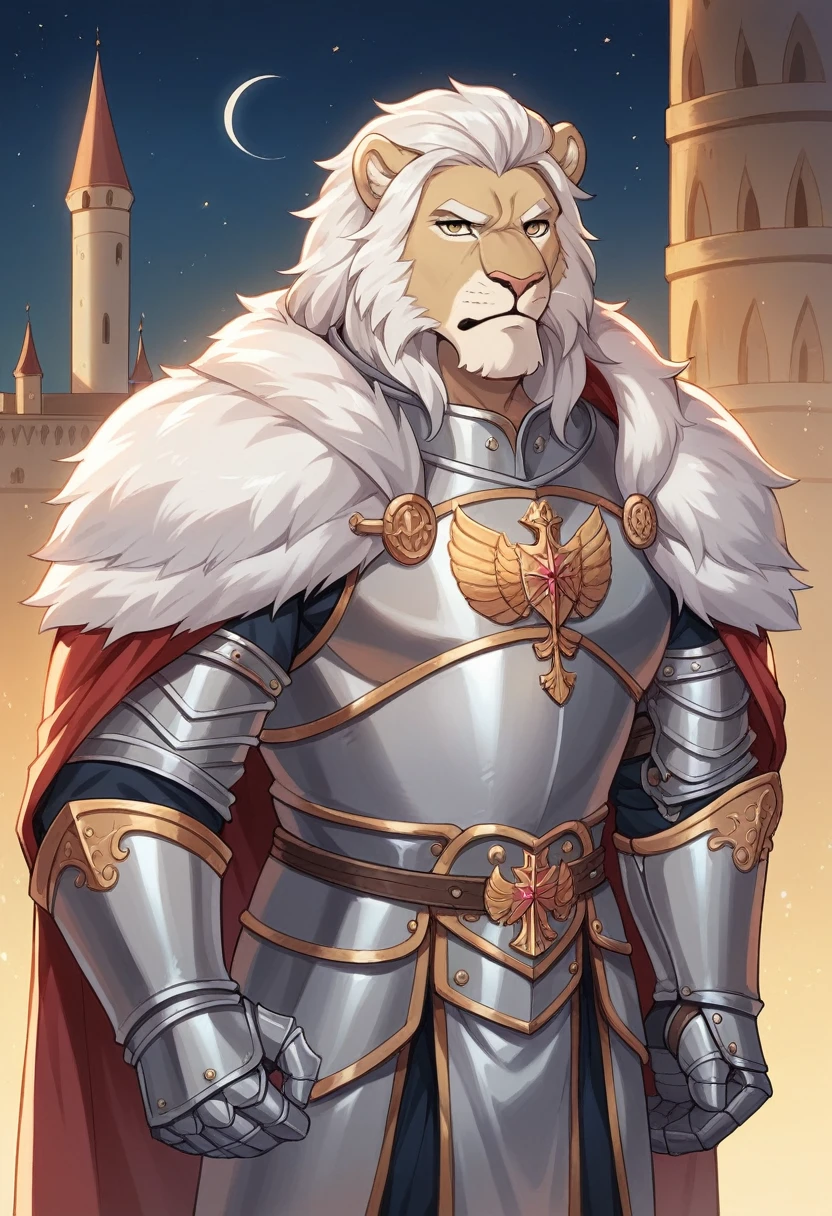 White lion,uncle,male,Mature man,huge,Fat and strong,Serious expression,Close your eyes,Put your hands behind your body,Medieval guard clothing,Silver Set(Full set of armor),Long cape,night,Palace hall(Detailed background:1.2),High Detail,