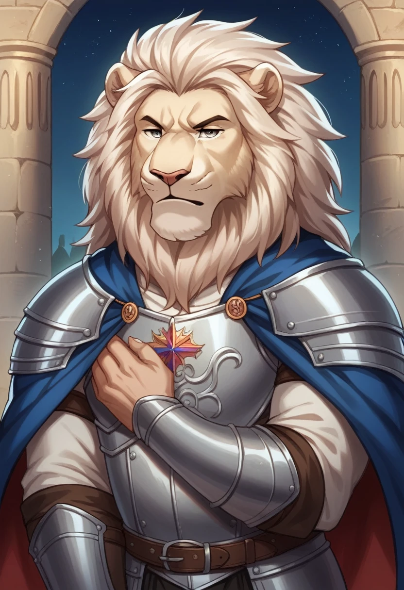 White lion，uncle，male，Mature man，huge，Fat and strong，Serious expression，Close your eyes，Put your hands behind your body，Medieval guard clothing，Silver Set（Full set of armor），Long cape，night，Palace hall（Detailed background:1.2),High Detail, 