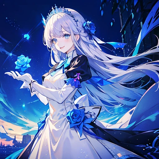 Blue Rose Princess, blue rose, 1 Female, Silver Hair, Shiny Hair, long hair, Blue Eyes, Big eyes, Silver tiara, Long dress, Blue ribbon, Shiny Dress, Puff sleeves, Short, fluttery white gloves, Place a glowing blue rose in both hands, smile, kind, Sacred, Like a goddess, Star-studded night sky