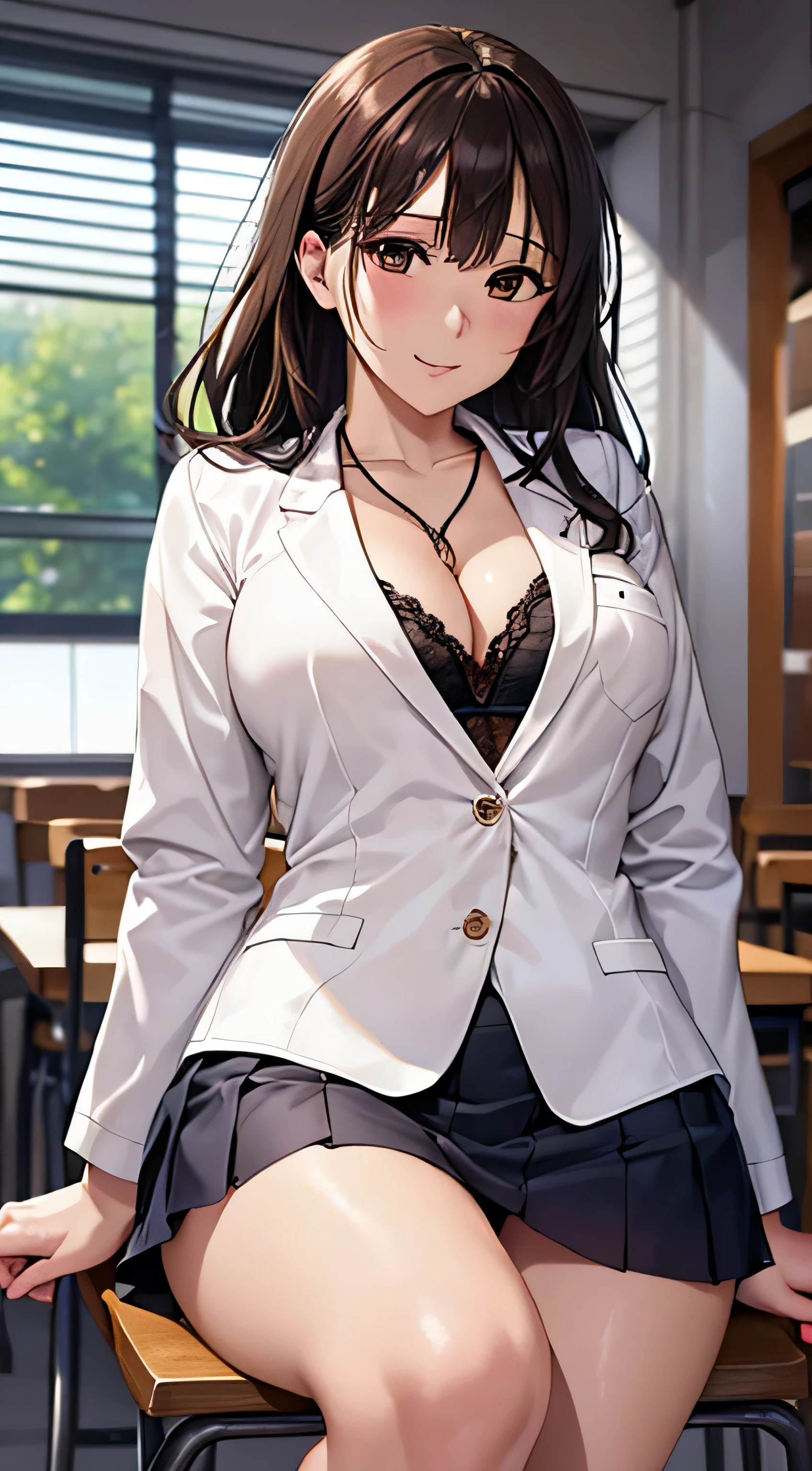 ((Tabletop, Highest quality, High resolution, , Pixel Perfect, 4K,))), 1 female teacher, single, alone, beauty、The whole body is visible、 ((Mid-wave hair, bangs, Brown Hair)), ((Brown eyes, Beautiful eyelashes, Realistic eyes)), ((Detailed face, Blushing:1.2)), ((Smooth texture:0.75, Realistic texture:0.65, Realistic:1.1, Anime CG Style)), Center of chest, Dynamic Angle, Perfect body, (( , , Wearing a white coat、Female doctor、、, 、))、、Very embarrassing panic smile, 、black flared skirt、classroom、Sit on a chair、Roll up your skirt to show your panties、、(Showing off her white and pink floral lace panties、)、Angle from below)、