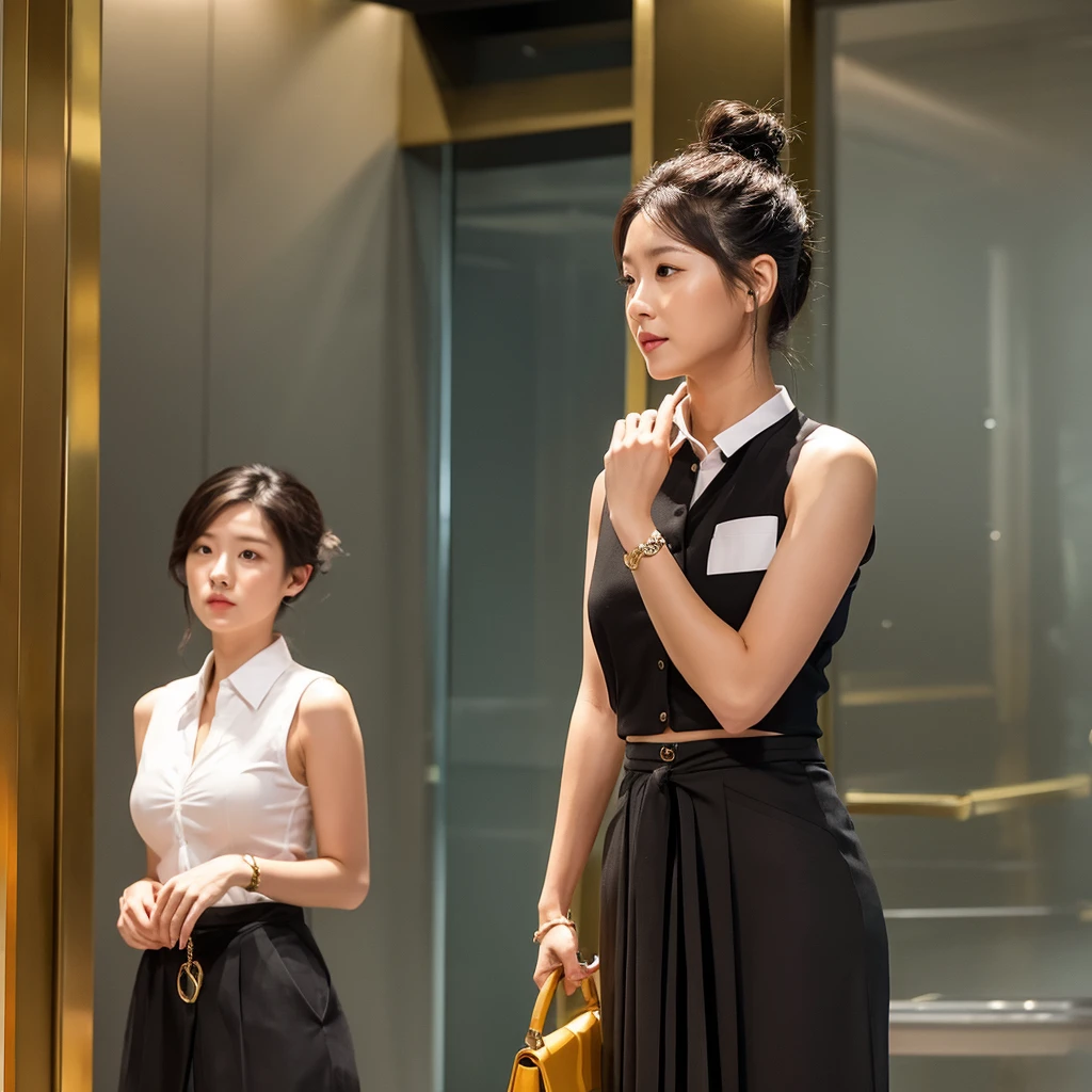 high quality，Perfect body：1.4，A beautiful working lady，Black bun，White sleeveless shirt tied at the bottom，Black long skirt，Showing off a thin waist、Abdomen and belly button，Grab the handbag on your right shoulder with your right hand，Stand up straight, chest and abdomen tucked in，Body facing the audience，Wait patiently in the golden elevator。