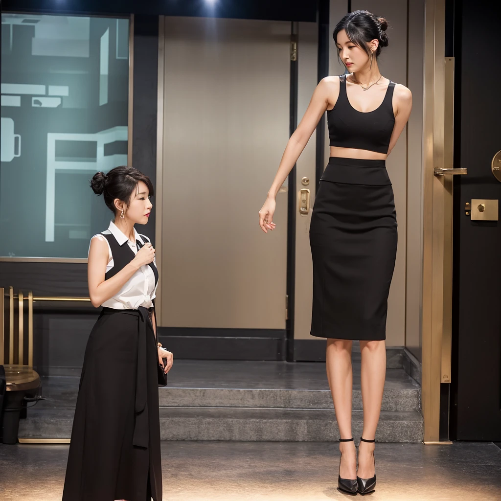 high quality,Perfect body:1.4,A beautiful working lady,Black bun,White sleeveless shirt tied at the bottom,Black long skirt,Showing off a thin waist、Abdomen and belly button,Grab the handbag on your right shoulder with your right hand,Stand up straight, chest and abdomen tucked in,Body facing the audience,Wait patiently in the golden elevator。