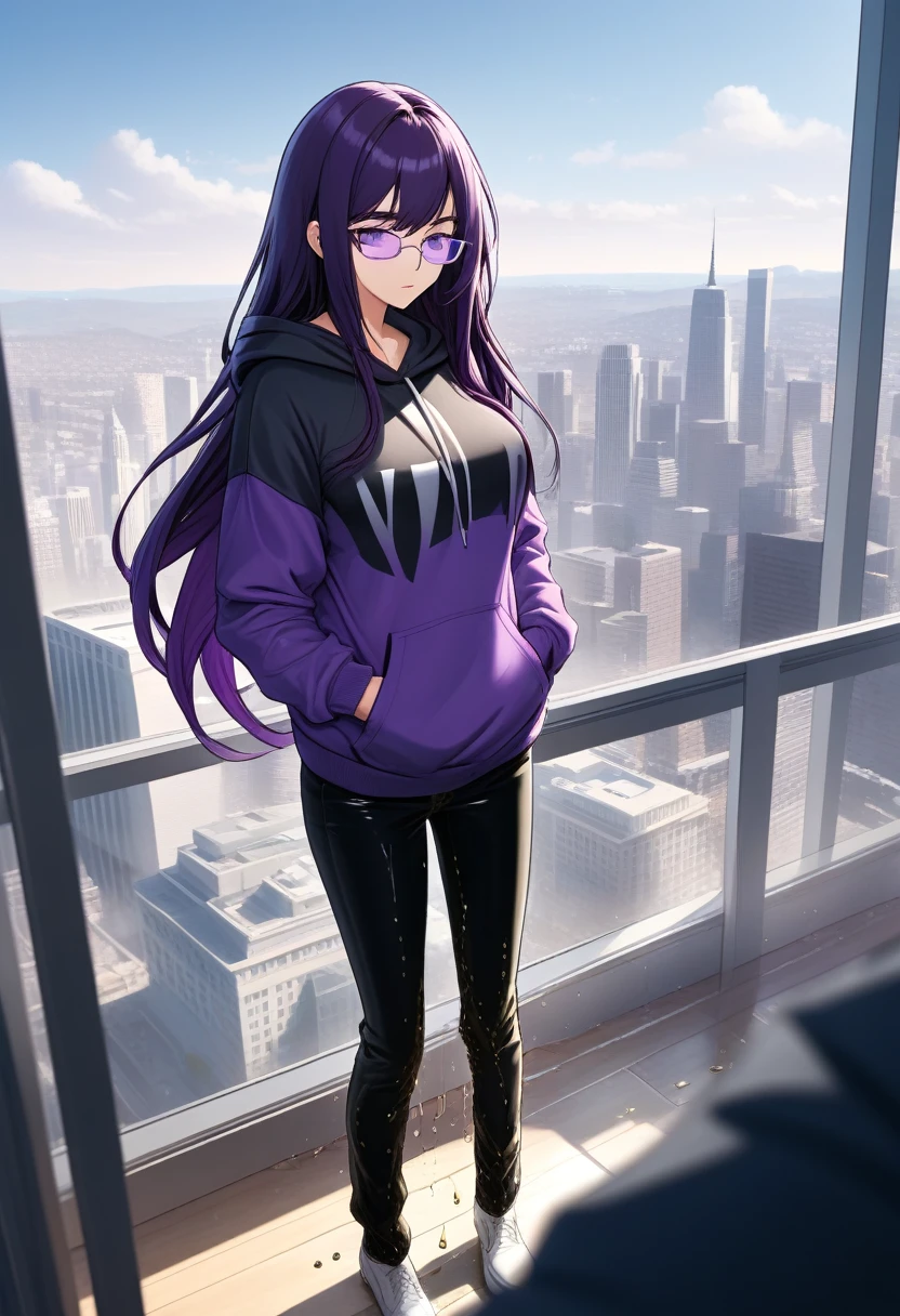 (masterpiece:1.37), best quality, (extremely detailed:1.37), office, window overlooking a bustling cityscape, woman, (mature:1.75), (adult:1.5), (very long hair:1.5), dark purple hair, purple eyes, (extremely detailed eyes:1.37), breasts, sunglasses, stylish hoodie, jeans, (wetting herself:2.0), standing straight, (desperation:2.0), full body day, daytime, glow, facing viewer, perfect composition, Perfect light and shadow, 8K