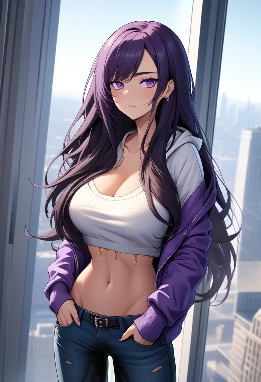 (masterpiece:1.37), best quality, (extremely detailed:1.37), office, window overlooking a bustling cityscape, woman, (mature:1.75), (adult:1.5), (very long hair:1.5), dark purple hair, purple eyes, (extremely detailed eyes:1.37), breasts, sunglasses, stylish hoodie, jeans, (wetting herself:2.0), standing straight, (desperation:2.0), full body day, daytime, glow, facing viewer, perfect composition, Perfect light and shadow, 8K