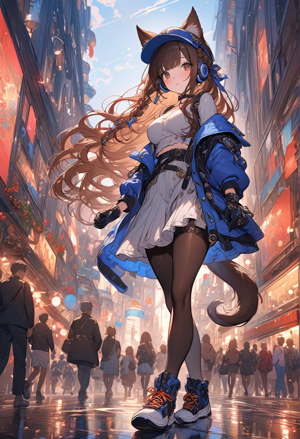 ((masterpiece:0), best quality, very aesthetic, newest, absurdres, detailed, high quality)
BREAK
highest quality, top quality, details, highres, ultra fine painting, digital art, official art, cinematic, 4k, 8k resolution, 8K CG wallpaper, CG, original artwork, detailed background, colorful background, blue atmosphere, High Dynamic Range, blurry background, blue hour, Starburst effects, crepuscular rays, good ISO, high resolution, wide shot, from far away, RAW photo, POV, sharp focus, light reflection, reflections, intricate details, soft light, particle noise, professional photography, bokeh, depth of field, natural lighting, vibrant colors, looking away, detailed lights and shadows, stylish, ultra-detailed, top rated on Pixiv, trending on Artstation, niji style, modern-days, master crafted, pose
BREAK
solo, 1girl, a girl, correct fingers, detailed hair, (medium big breasts:1.2), big thighs, short torso, short body, flushtered, blush, anxious expression, casual, slim, ((cute, childlike face):1.3), nice hips, nice body, brown hair, (long flowing hair:1.1), big 2 buns hairstyle, long bangs, long hair, middle hair bangs, brown eyes
BREAK
((colorful outfit), off shoulder crop top, short skirt, headphone, jacket, casual cap, belts, straps, choker, gloves, boots, stockings, garterbelt, accessories, outfit ornaments, sneakers, kemonomimi, mask, mask, mask, mask, 1 tail, correct tail, (full body:1.3)) 
BREAK
a close up of a person walking down a street with a crowd of people, crowded street, crowded streets, in front of a large crowd, giant crowd, girl walking through city, people walking down a street