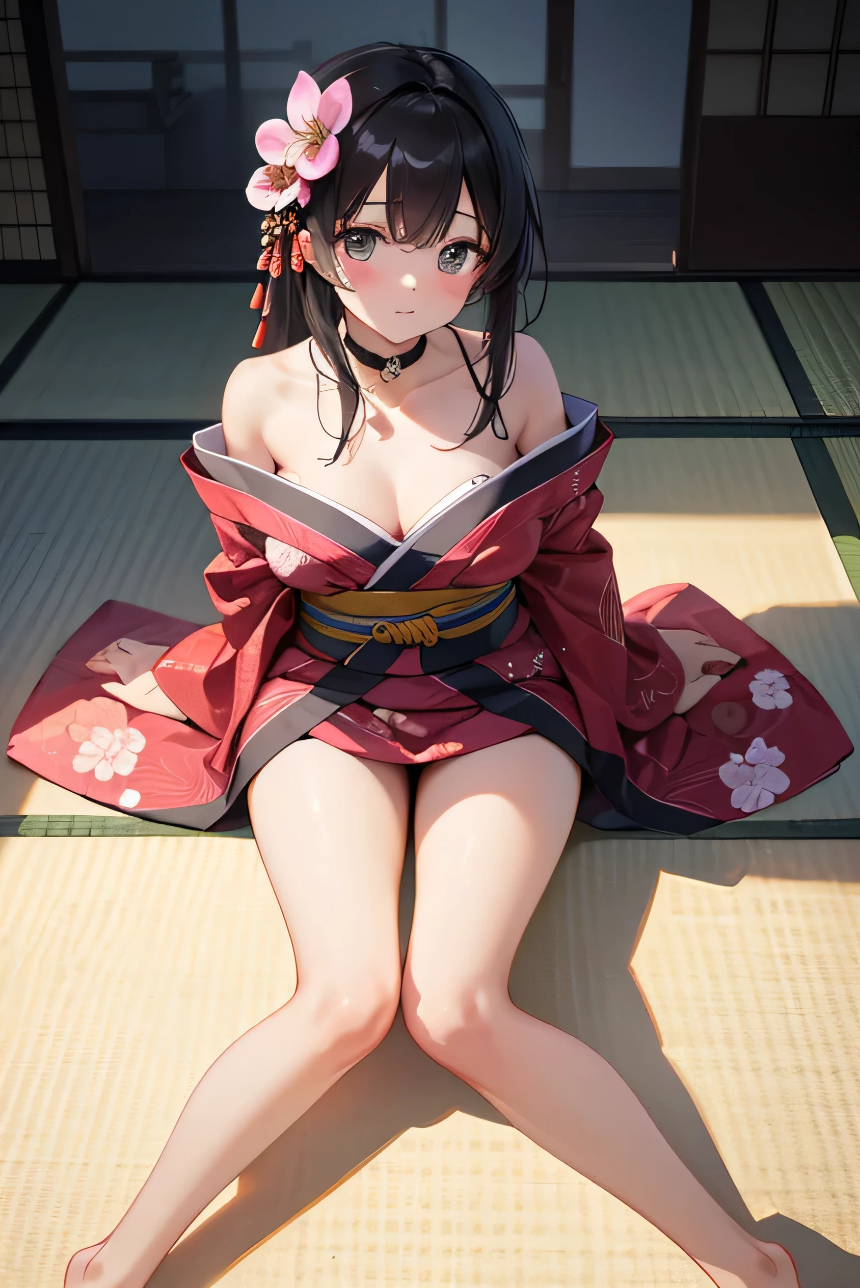 (Photorealistic:1.8, Highest quality:1.8,8K masterpiece:1.8,High resolution,Mastepiece:1.8,RAW Photos,Cinematic lighting)、1 Masochist Woman、Prone、Backwards、Top view angle、
(Japanese Kimono、A super mini kimono with a beautiful and cute orchid-style floral pattern:1.5、choker)、Breast Rope、Thigh rope、(Shoulders :1.3)、 thighs、Beautiful fair skin、barefoot、Black Pink Jenny's pause、Random Pause