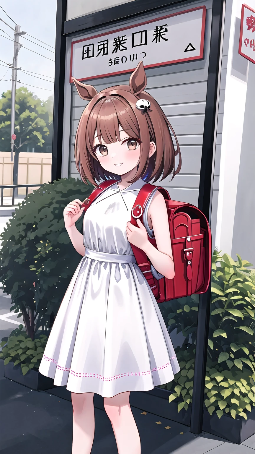 Masterpiece, High Definition, 1 girl, by rubio, Horse tail, hair band, Hair ornaments, Brown eyes, SMILE, halter_dress, wearing red schoolbag, (schoolbag:1.1), standing, exterior
