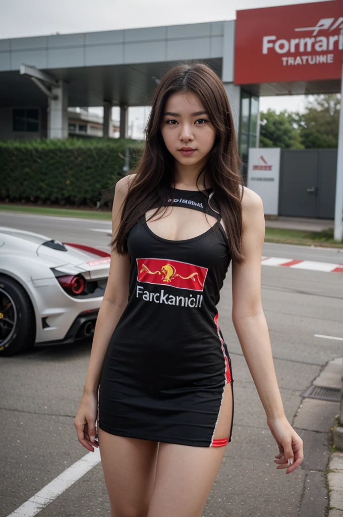 A Korean girl with a Ferrari Formula 1 team theme, with a creative and short dress,