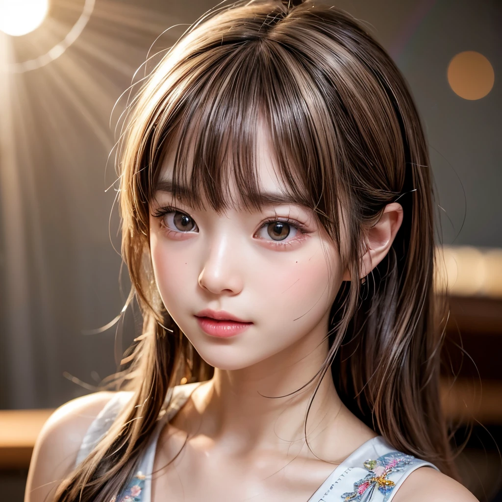 NSFW, 8k, High-level, absurd, masterpiece, best quality, primitive, very detailed CG, very detailed wallpaper, perfect lighting, Extremely detailed (((The personifying " Minami Hamabe " as a Little Girl))), MysticSight, Tyndall effect, Tyndall scattering, Studio gray background with (many Dazzling RainbowColor particles BokeH:1.28), (RoundlyButts, ThighGap), (Exposed:0.4), (Assfocus with looking ahead), BREAK (NOGIZAKA face variations) Extremely Detailed very KAWAII face variations, perfect anatomy, Childish, captivating gaze, elaborate detailed Eyes with (sparkling highlights:1.28), long eyelashes、Glossy RED Lips with beautiful details, Coquettish tongue, Rosy cheeks, Radiant PearlSkin with clear transparency . { (Dynamic LifeLike expressions:1.4) | :d) }, (large eyes:-1) .
