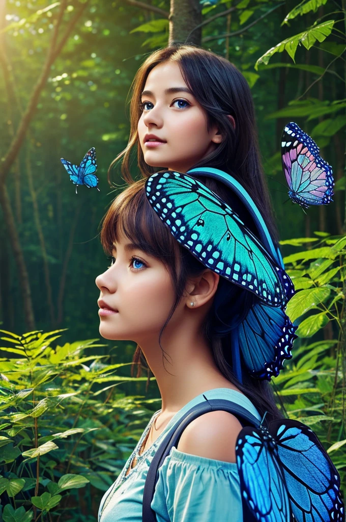 Tip: A very charming girl with a backpack and on her shoulder a beautiful butterfly of intense blue color and golden sparkles on its wings, surrounded by nature in a magical forest.
The illustration is a high definition illustration with 4k resolution., with highly detailed facial features and cartoon style visuals.