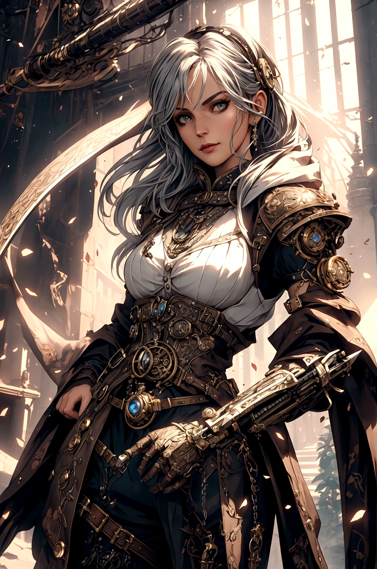 (best quality, masterpiece, highres:1.2), detailed, beautiful Steampunk lady, long silver hair, steampunk outfit and weapon, hyperrealism, photorealistic, 8k, unreal engine