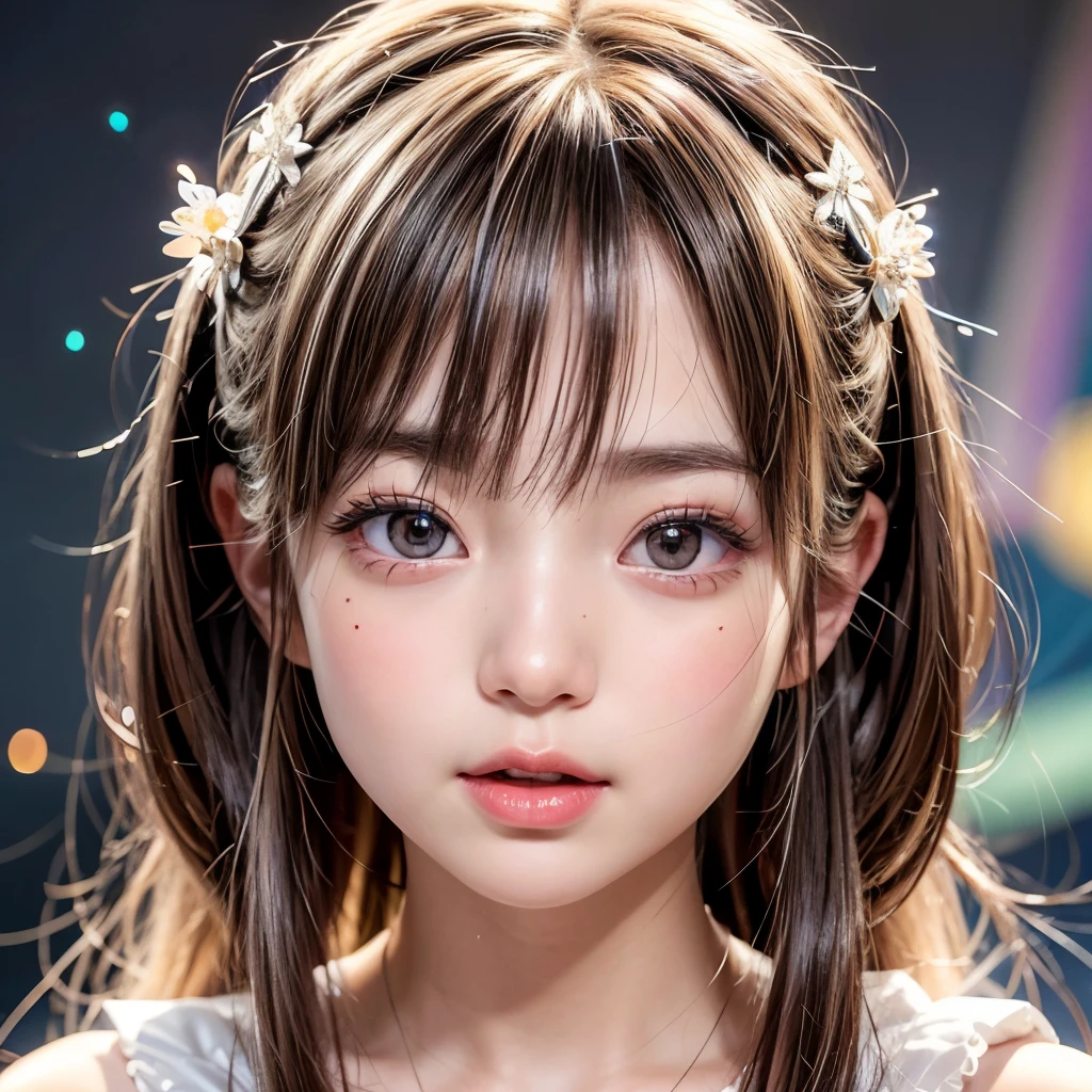 NSFW, 8k, High-level, absurd, masterpiece, best quality, primitive, very detailed CG, very detailed wallpaper, perfect lighting, Extremely detailed (((The personifying " Minami Hamabe " as a Little Girl))), MysticSight, Tyndall effect, Tyndall scattering, Studio gray background with (many Dazzling RainbowColor particles BokeH:1.28), (RoundlyButts, ThighGap), (Exposed:0.4), (Assfocus with looking ahead), BREAK (NOGIZAKA face variations) Extremely Detailed very KAWAII face variations, perfect anatomy, Childish, captivating gaze, elaborate detailed Eyes with (sparkling highlights:1.28), long eyelashes、Glossy RED Lips with beautiful details, Coquettish tongue, Rosy cheeks, Radiant PearlSkin with clear transparency . { (Dynamic LifeLike expressions:1.4) | :d) }, (large eyes:-1) .