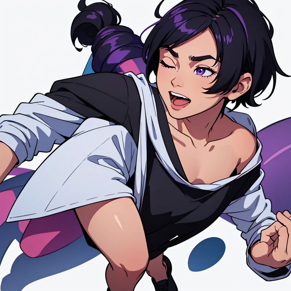 looking straight, looking forward, looking into camera, looking straight, full face visible, full view of face, short black hair, highres, high resolution, masterpiece, wide purple eyes, talking, neutral face, confident, masterpiece, best quality, highres, 1 man, 1 person, Baro Shoei blue lock, extremely short hair, black hair, short hair, ager, colorful hair, black shirt, light background, full body, teen, colorful parts, symbols, dark , bold, realistic mixing dark lines and loose lines, bold lines, on paper, human man, full body, imposing pose, stylish outfit, dark theme, handsome, attractive, boastful, standing, male, sharp chin, wide jaw, square face, white background, highres, high resolution, masterpiece, completely white background, nothing other than character, nothing other than figure, eyes shut, eyes closed, no eyes, mouth open mouth talking, mouth yelling , mouth laughing, laughing, eyes closed, seriously laughing, laughing a lot, laughing a ton, eyes gone, eyes shut