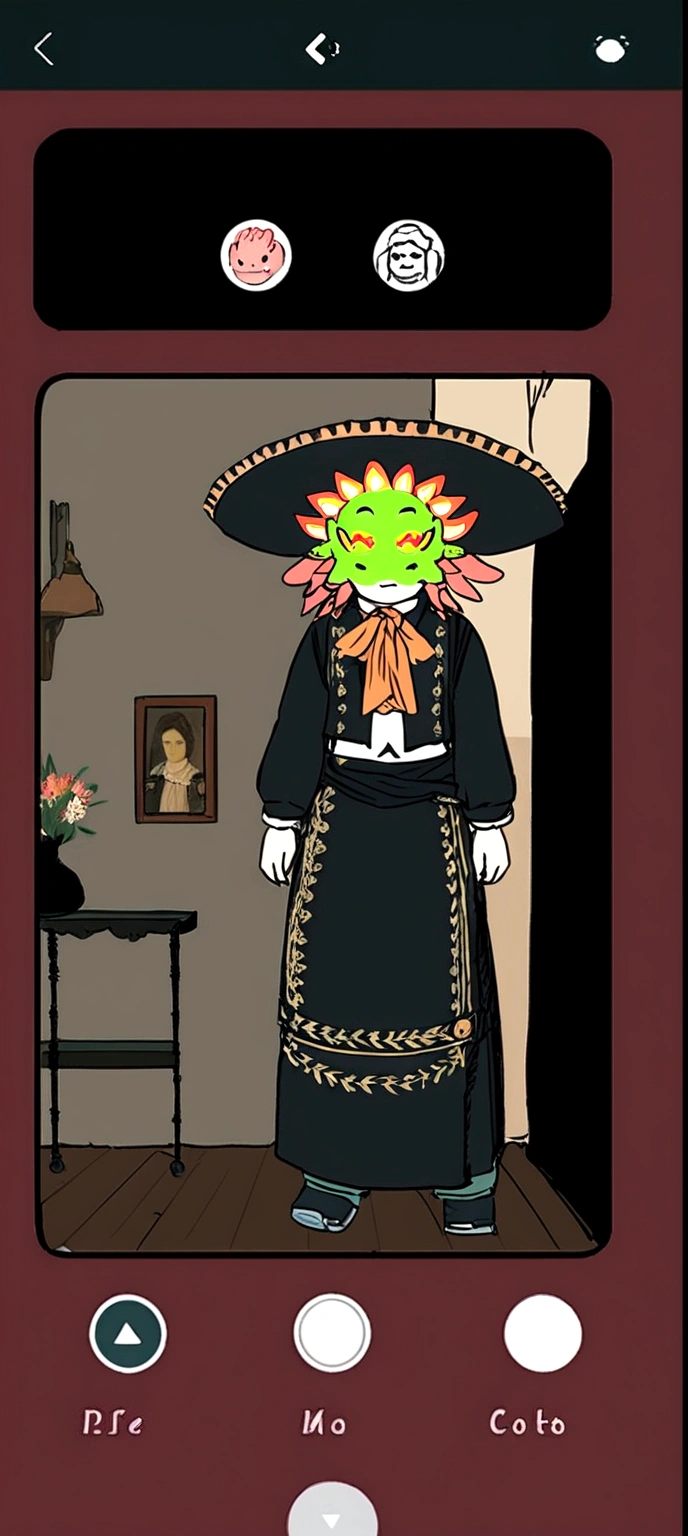 Create an axolotl with the same clothes as the photo on a background of an 18th century hacienda