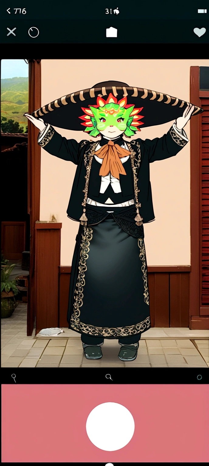 Create an axolotl with the same clothes as the photo on a background of an 18th century hacienda