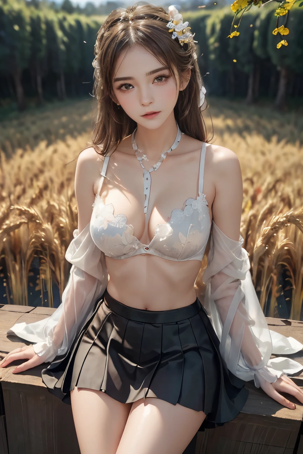 masterpiece,best quality,High target质量,High target清晰度,High target质量的纹理,High target质量的阴影,High target细节,beautiful细节,Fine details,Extremely detailed CG,Detailed texture,lifelike的面部表现,lifelike的,rich and colorful,Beautifully,Clear focus,(Intricate details,Pure love face_v1:0.5),(细节美Beautifully脸,(细节美Beautifully眼睛),perfect比例的脸,High targetSkin details,Skin details,The best ratio of four fingers and one thumb,emaciated:1.3),1 girl,,High target,(光滑的Abdominal muscles:1.55),(Abdominal muscles:0.5),beautiful,perfect,High target,((Large Breasts, Large Breasts, Large Breasts)), ((Bare shoulders)), ((The skirt is very short)), (Long legs),(Straight Legs),(Thin waist),((White skin)),White skin,((White skin)),(Emma Watson),Large Breasts,((bule)),Light Blonde Hair,Standing,Looking at the audience,whole body,Portrait of cute blonde girl,((Standing in the wheat field,look into the distance)),bloom,Orange Fog,kinetic,A strand of hair,lifelike,High target品质渲染,Amazing Art,High target品质,film texture,Fuji XT3,Dream