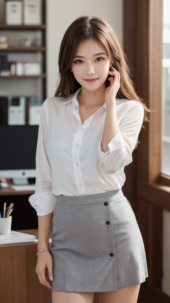 (1girl), (round eyes:1.2), (highly detailed face and eyes), smile, Amazing face and eyes, (Best Quality:1.4), (Ultra-detailed), (extremely detailed CG unified 8k wallpaper), Highly detailed, High-definition raw color photos, Professional Photography, Realistic portrait, Amazing face and eyes, indoors, office, (office lady, casual, mini Skirt:1.3), (A moment of relaxation), model, depth of fields, (fine face:1.2),