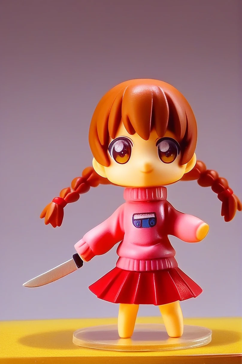 (pvc figure style:1.4), figure,score_9, score_8_up, score_7_up, score_6_up, score_5_up, score_4_up, source_anime, madotsuki, braid, hair over shoulder, long hair, twin braids, twintails, brown hair, brown eyes, long sleeves, pink sweater, pleated skirt, red skirt, skirt, sleeves past wrists, sweater, holding kitchen knife, musical note, epic pose, cowboy shot, dynamic pose, wide shot, solo, dutch angle, teenager, figure, (best quality, masterpiece), traditional media, basic background, blurry background, cowboy shoot:1.3, (foggy background, inside, clear room, on table:1.2), chibi, kawaii, cute, nendoroid, 