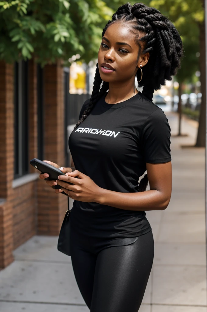 A black woman with braids in a black T-shirt, black leggings shorts talking on her smartphone; neighborhood; UHD