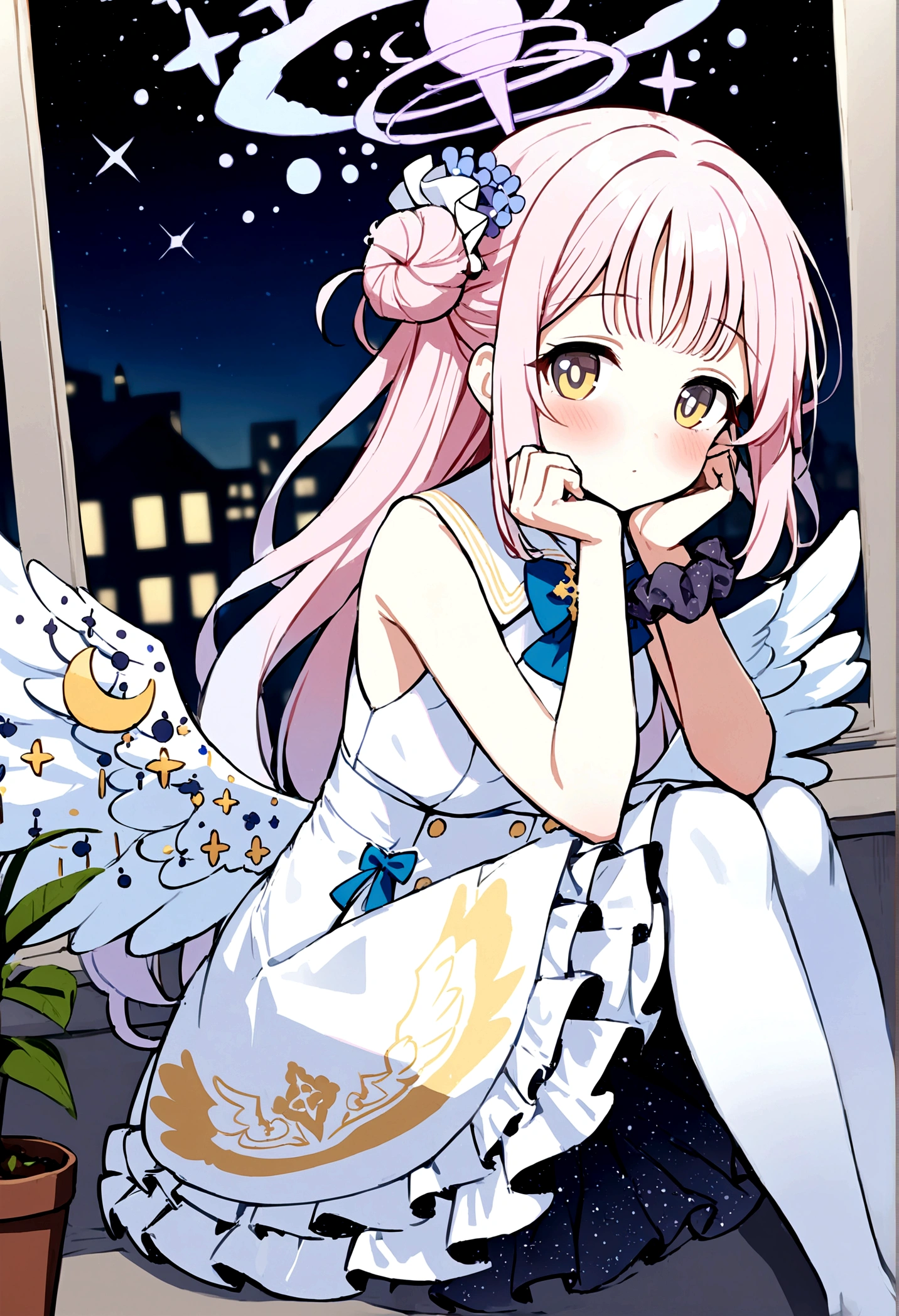 1girl, mika \(blue archive\), solo, scrunchie, wings, pink hair, wrist scrunchie, looking at viewer, flower, dress, hair ornament, long hair, head rest, yellow eyes, white dress, night, sleeveless, white pantyhose, hair bun, sleeveless dress, single side bun, hair flower, sitting, window, white wings, halo, blush, bangs, crescent, low wings, frilled dress, potted plant, indoors, angel wings, star \(sky\), sky, frills, night sky, pantyhose, blurry background, very aesthetic, absurdres