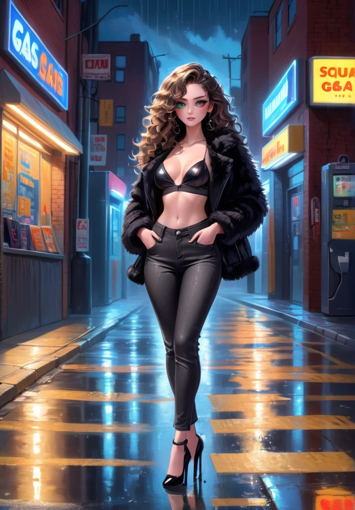 1 beautiful girl. Long curly hair flowing behind her back. Seductive smirk. Tight black jeans. Black crop top. Black High heels. Black faux fur jacket. Hazel coloured eyes. Hands in pockets. One leg crossed infront of the other. Standing in an Edgy urban alley. Modern city. Night time. Illuminated by neon signs from a nearby gas station. Pavement glistening from recent rain. Rain puddles on the pavement. 