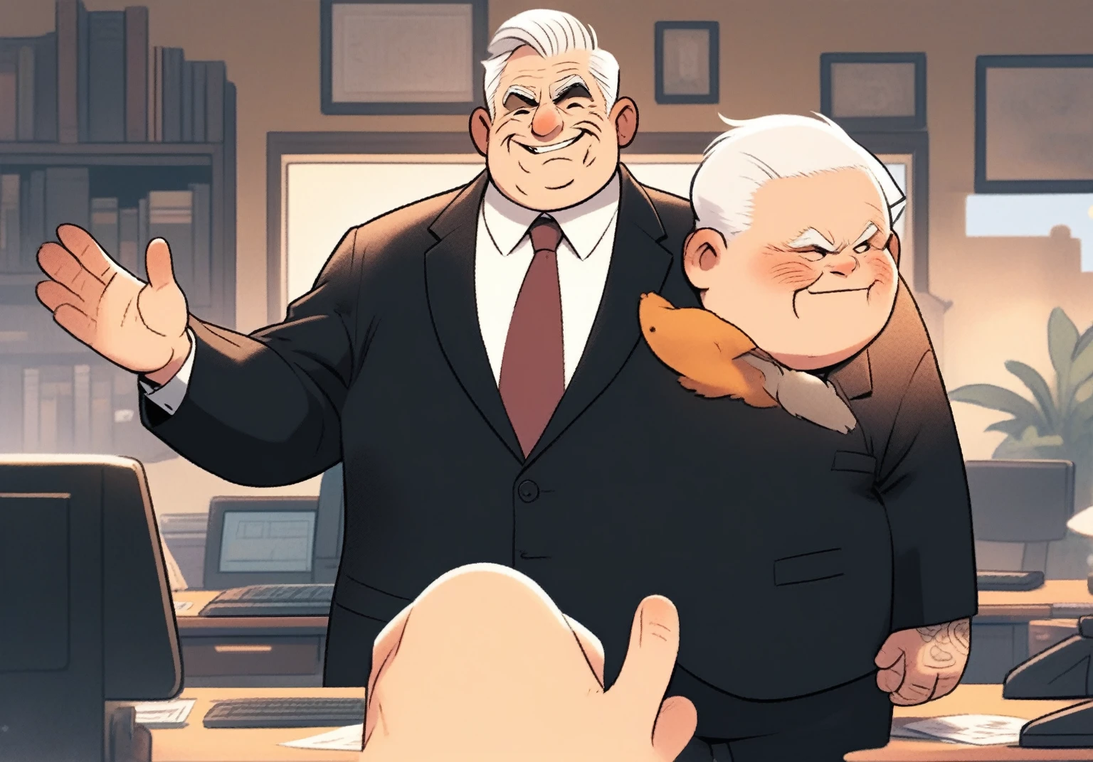 children's picture books,crayon paintings, blushes, 1 old man, fat, mafia boss, 45 years old, black expensive suite, white short hair, tattos, opening his hand wide welcoming, standing near his desk , happy in his office