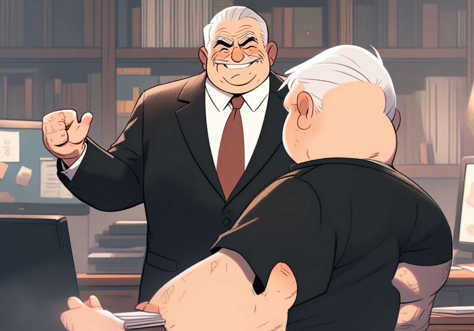 children's picture books,crayon paintings, blushes, 1 old man, fat, mafia boss, 45 years old, black expensive suite, white short hair, tattos, opening his hand wide welcoming, standing near his desk , happy in his office