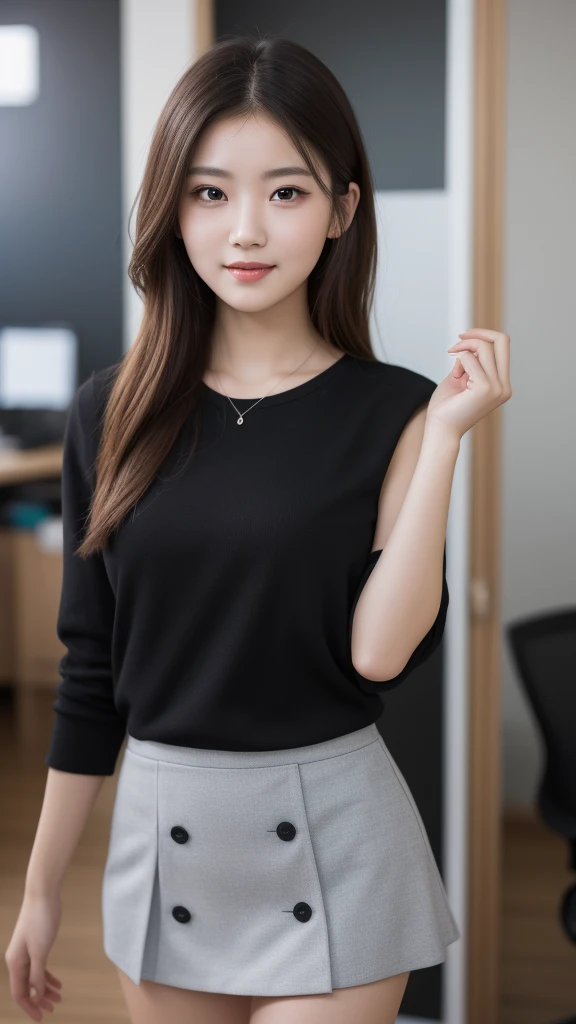 (1girl), (round eyes:1.2), (highly detailed face and eyes), smile, Amazing face and eyes, (Best Quality:1.4), (Ultra-detailed), (extremely detailed CG unified 8k wallpaper), Highly detailed, High-definition raw color photos, Professional Photography, Realistic portrait, Amazing face and eyes, indoors, office, (office lady, casual, :1.3), (A moment of relaxation), model, depth of fields, (fine face:1.2),