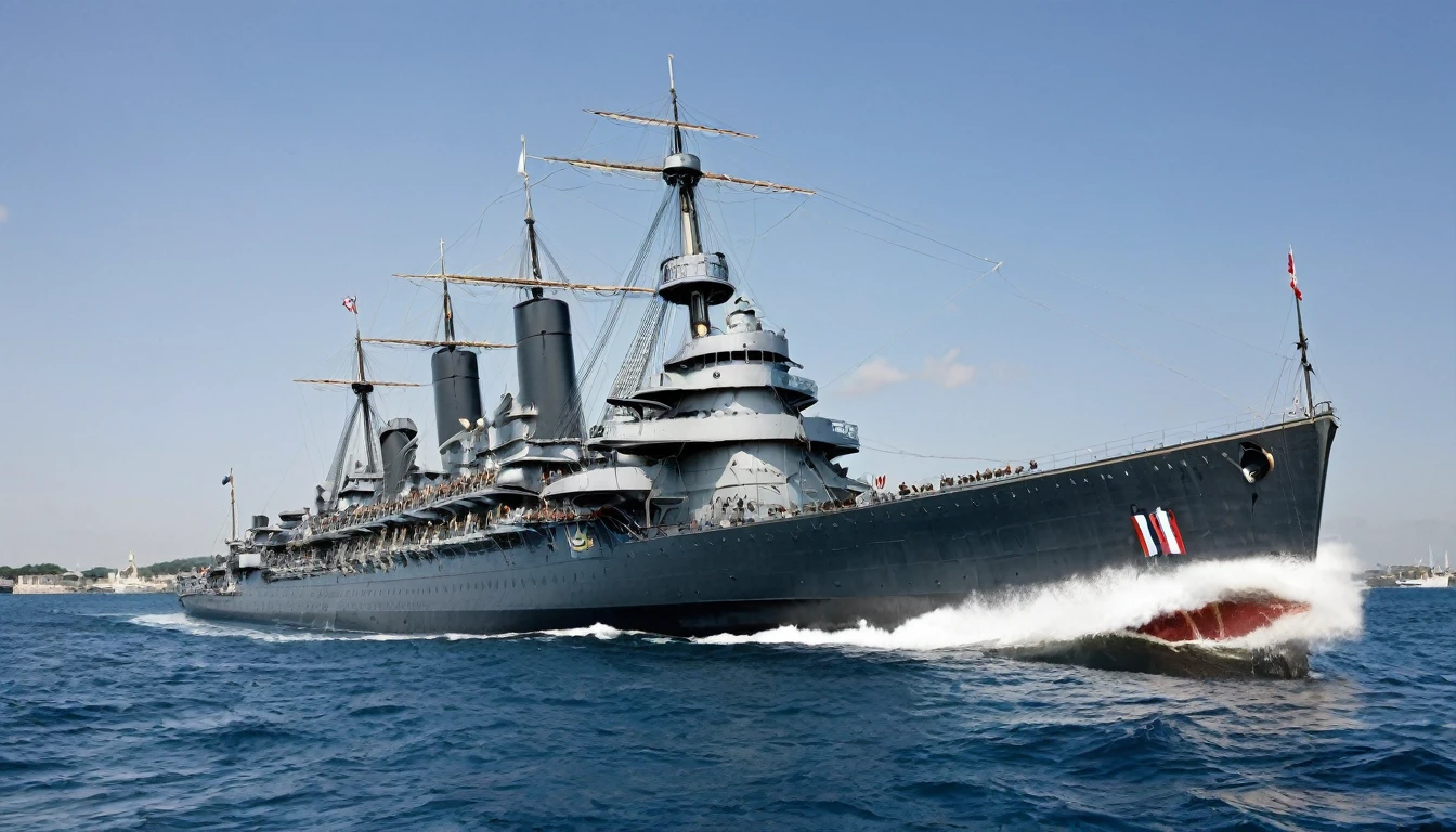 Marine Marchande Saint Grail II
Historic:

Manufacture: 1840
Type: Battleship
Period of Active Service: 1840-1914
Main Function: Defense and projection of naval power.
Design and Context

Exterior:

Built with advanced technology for the time, it was powered by steam engines.
Sturdy metal structure, reflecting 19th century naval innovations.
Inside:

Improvements compared to the original Saint Graal, with more comfort for the crew.
History and Use

It served as one of the fleet's main battleships during the 19th century.
Retired in 1914, it has been preserved and restored over the years, remaining a floating museum and participating in commemorative events and naval parades.