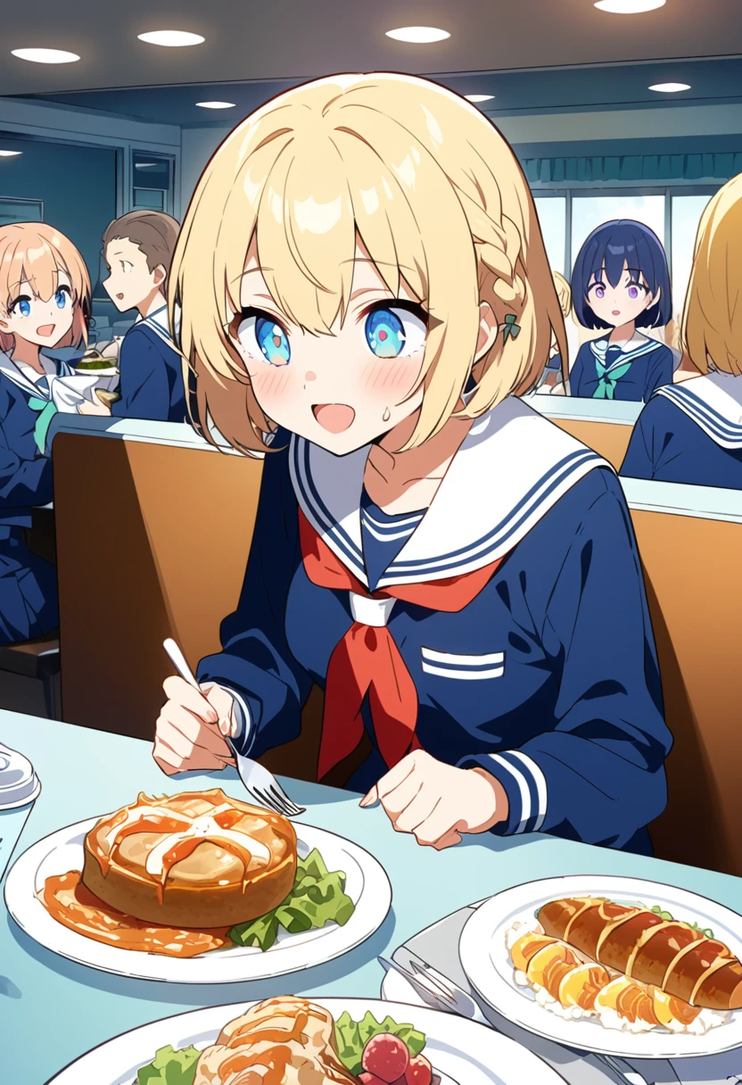 You are a professional illustrator。Please carefully check and draw the illustration according to the following conditions.。High school students enjoying their lunch in a crowded cafeteria、Delicate and beautiful anime face、Clear Eyes、Sailor suit、Braided short hair、