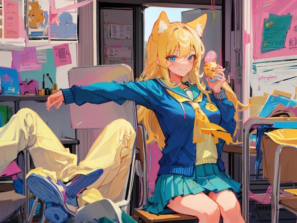high school girl、Dressed in high 、School classroom、(Big Breasts)、((独奏))、one girl、smirk、Crossing legs
