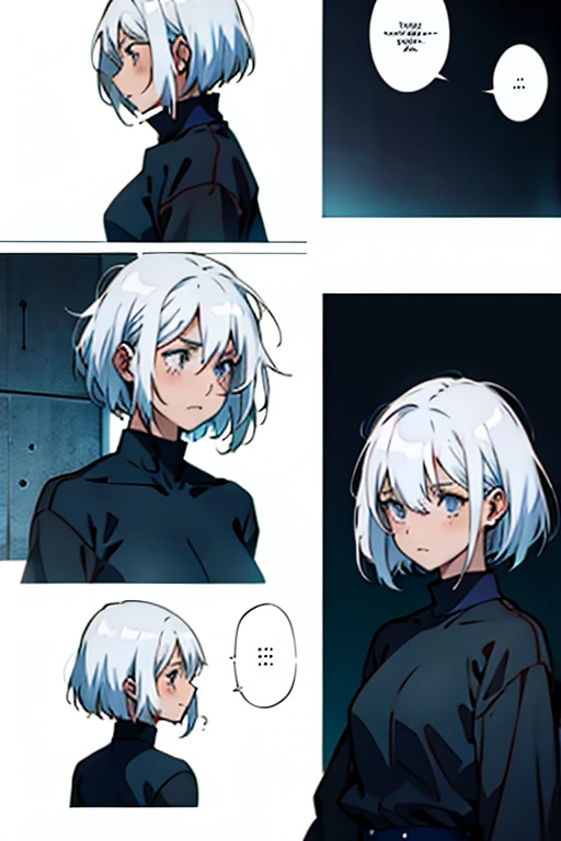 Girl with short white hair small and really skinny, crying , manga page with panels and dialogue  