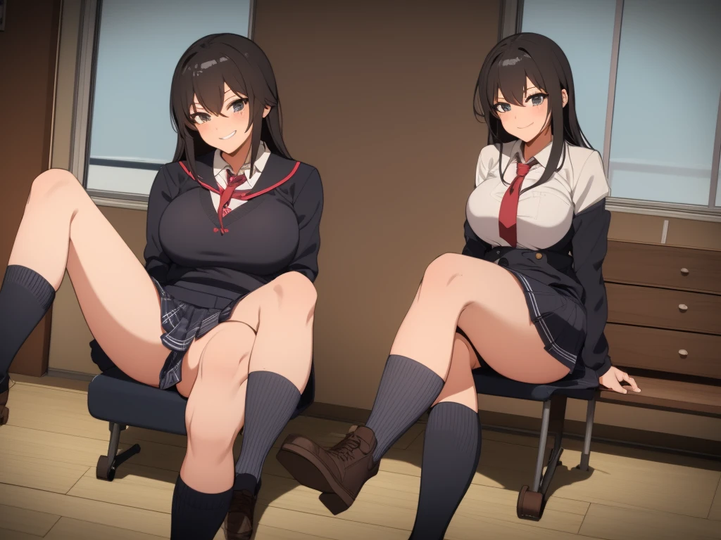 high school girl、Dressed in high 、School classroom、(Big Breasts)、((独奏))、one girl、smirk、Crossing legs