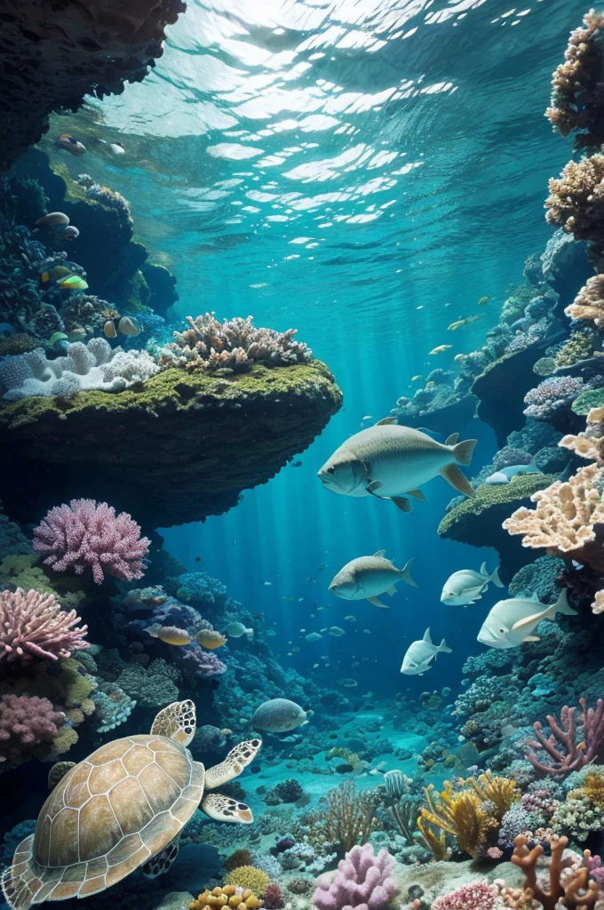 Seabed with fish and turtles