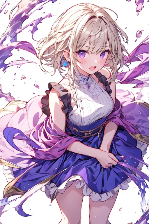 1 girl ,(from above:1.2),purple color hair、Purplish pink eyes that dreamers desire, (Blonde hair) , small stature, Colossal tits, Lori, (masutepiece:1.2, Best Quality), (finely detailed beautiful eye: 1.2), (beautifull detailed face), (Best Illumination, extremely delicate and beautiful), ((Cinematic Light)), Dramatic light, (Pale white background:1.5), Short bob hair（1:3）、Ultra Contrast、Braid a little around the ears, White long dress、only has 5 fingers、、Her  is visible through the white 、Wet pants、You can see inside your 、full of sweat、mocking look、、nffsw,Arms crossed、grab the arm、Shoot from above、The angle is as seen from below.、Best Quality、Large breastuscular 、Pubic hair,high-level image quality、hightquality、8K,perfect hand、5 fingers、finger pin、Perfect Finger、T back、、noise cut、bullet hand、Her hair color should have been a brighter purple.The skirt part is also carefully expressed..、Purple skirt、the skirt is floating in the wind、Dark purple 、Pubic hair majority,A scene of make cooking Carbonara Pasta in the kitchen,(with sparkling eyes and a contagious smile),open mouth, Looking at Viewer, 