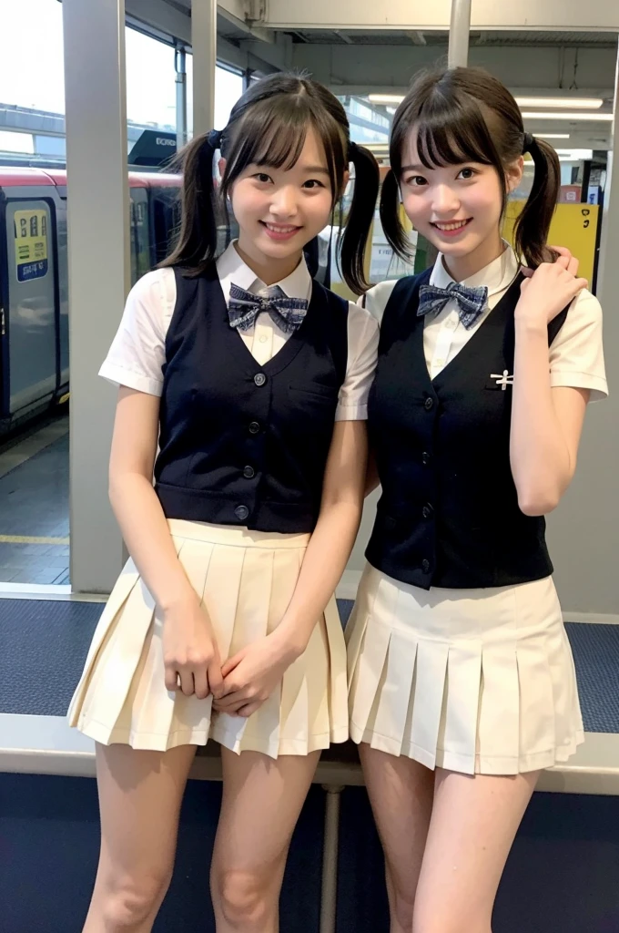 2 girls standing in Japanese railway station,navy blue vest over white shirt,white thong,navy blue pleated micro mini skirt,plaid bow tie,hands on crotch,spreading legs apart,18-year-old,bangs,a little smile,thighs,knees,short hair with low pigtails,from before,front light