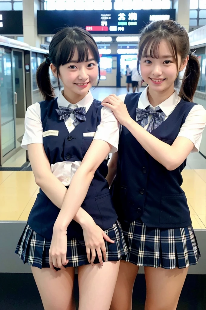 2 girls standing in Japanese railway station,navy blue vest over white shirt,white thong,navy blue pleated micro mini skirt,plaid bow tie,hands on crotch,spreading legs apart,18-year-old,bangs,a little smile,thighs,knees,short hair with low pigtails,from before,front light